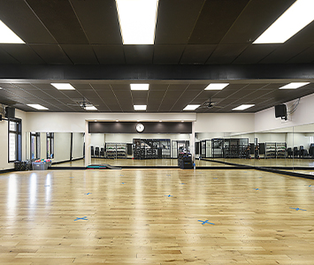 large group exercise room for fitness classes